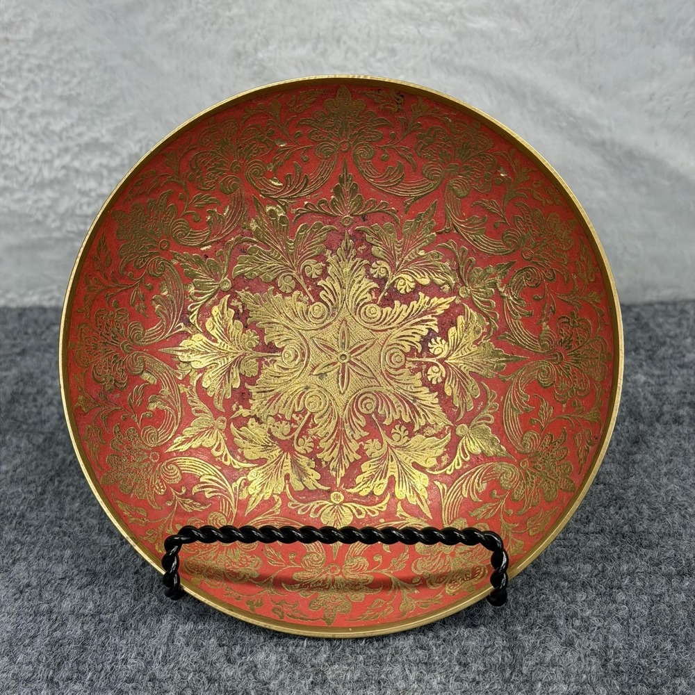 VTG 70s Brass Enamel Bowl Red Gold Ornate Floral‎ Damask 6" Decorative Dish